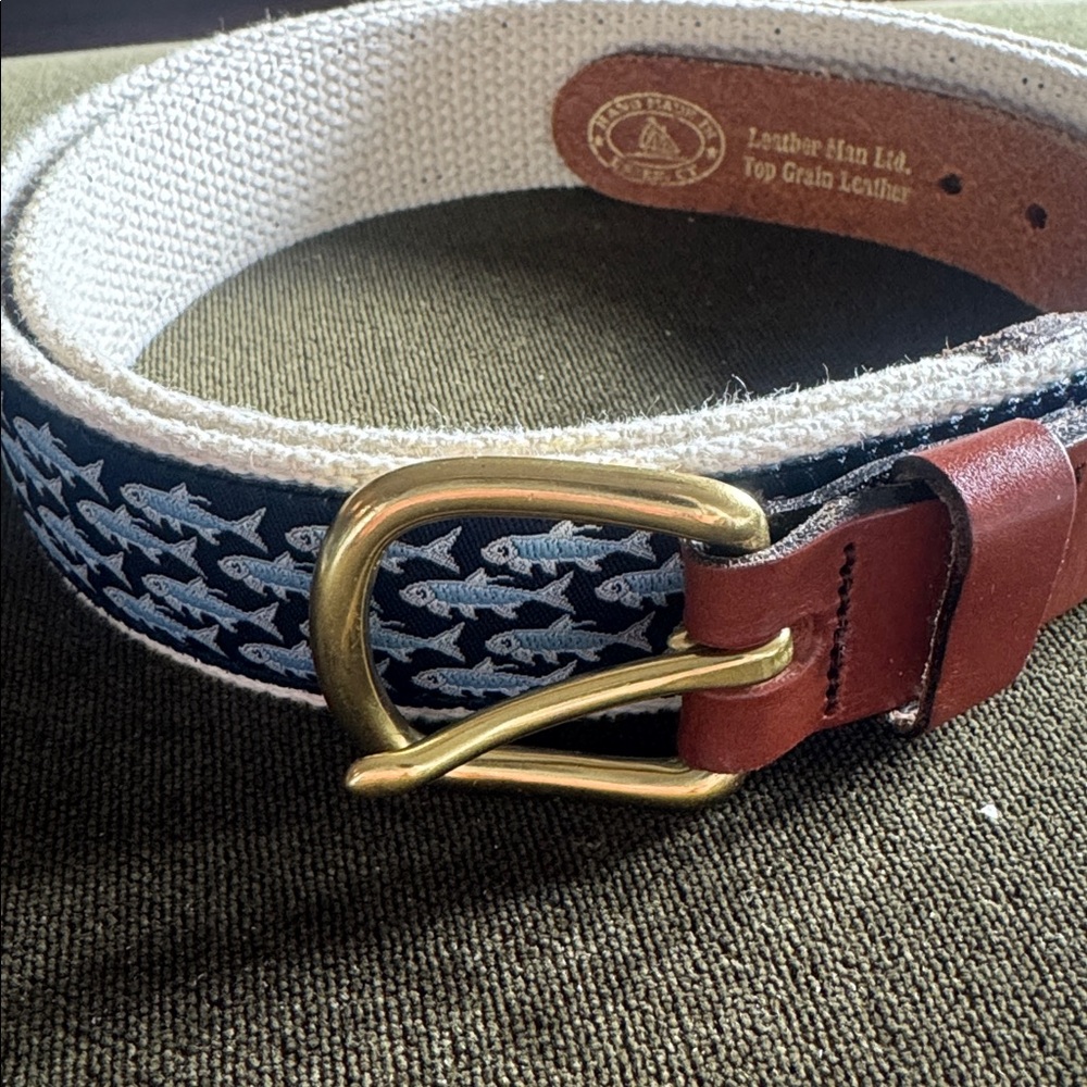 Leather Man Ltd Fish Print Leather Belt Brass